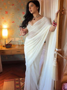 1 Min White Plain PreStitched Saree UK NEXT DAY - BONYHUBSAREE