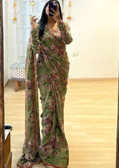 1 Min Sea Green Floral Print Stitched Readymade Saree - BONYHUBSAREE