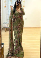 1 Min Sea Green Floral Print Stitched Readymade Saree - BONYHUBSAREE