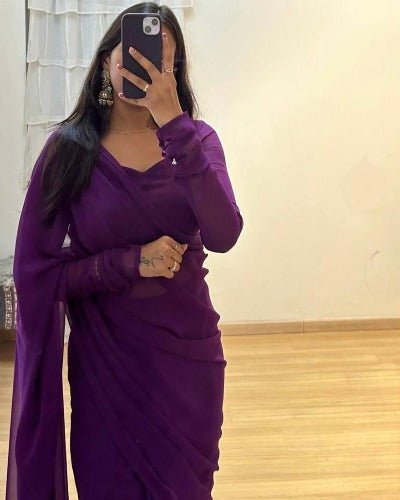 1 Min Plain Purple Soft Georgette Stitched Readymade Saree - BONYHUBSAREE