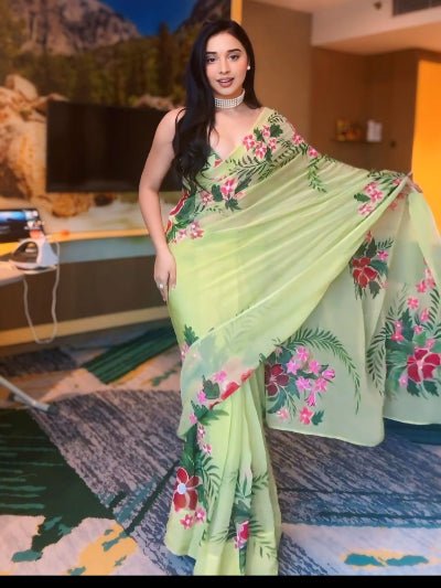 1 Min Pista Green Tropical Ready To Wear Saree - BONYHUBSAREE