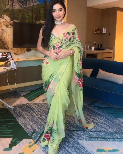 1 Min Pista Green Tropical Ready To Wear Saree - BONYHUBSAREE