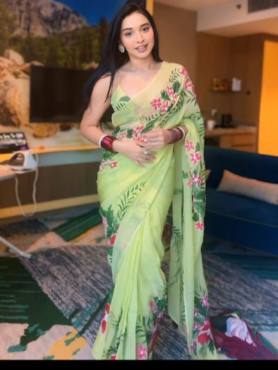 1 Min Pista Green Tropical Ready To Wear Saree - BONYHUBSAREE