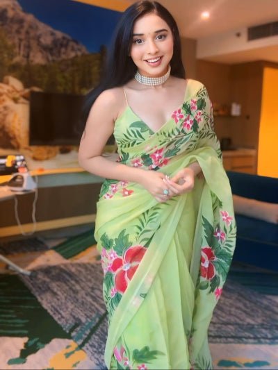 1 Min Pista Green Tropical Ready To Wear Saree - BONYHUBSAREE
