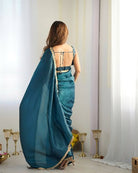 1 Min Teal Blue Organza Readymade Saree Stitched Blouse UK Next Day - BONYHUBSAREE