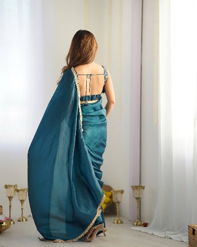 1 Min Teal Blue Organza Readymade Saree Stitched Blouse UK Next Day - BONYHUBSAREE