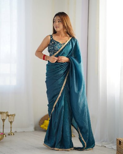 1 Min Teal Blue Organza Readymade Saree Stitched Blouse UK Next Day - BONYHUBSAREE