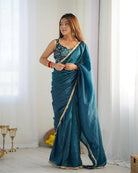 1 Min Teal Blue Organza Readymade Saree Stitched Blouse UK Next Day - BONYHUBSAREE