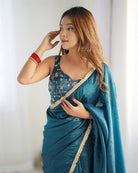 1 Min Teal Blue Organza Readymade Saree Stitched Blouse UK Next Day - BONYHUBSAREE