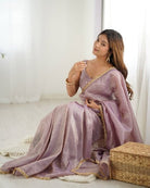 1 Min Lilac Tissue Organza Readymade Saree FREE Stitched Blouse - BONYHUBSAREE