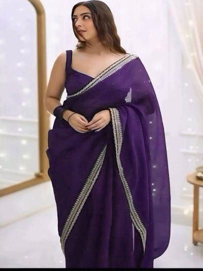1 Min Purple Crush Silk Readymade Saree Stitched Blouse UK Next Day - BONYHUBSAREE
