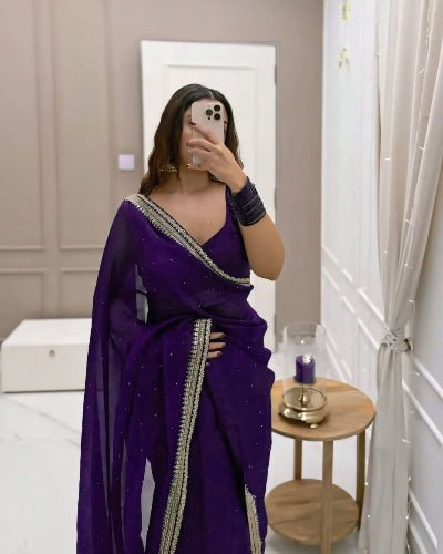 1 Min Purple Crush Silk Readymade Saree Stitched Blouse UK Next Day - BONYHUBSAREE
