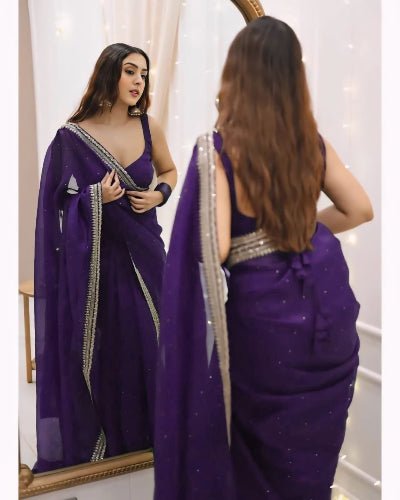 1 Min Purple Crush Silk Readymade Saree Stitched Blouse UK Next Day - BONYHUBSAREE