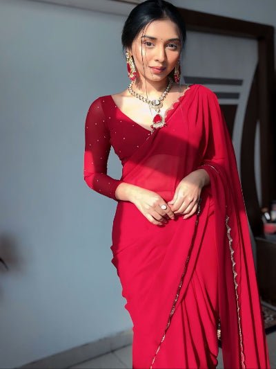 Red Zari Readymade Sari Blouse Piece UK Next Day - BONYHUBSAREE