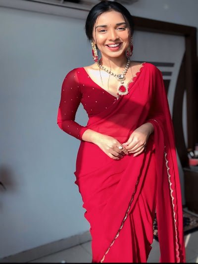Red Zari Readymade Sari Blouse Piece UK Next Day - BONYHUBSAREE