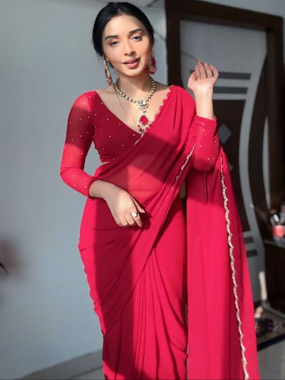 Red Zari Readymade Sari Blouse Piece UK Next Day - BONYHUBSAREE