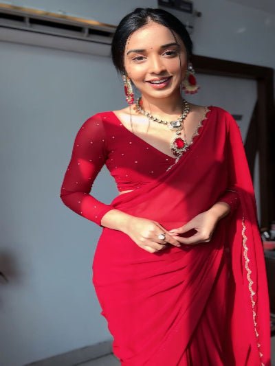 Red Zari Readymade Sari Blouse Piece UK Next Day - BONYHUBSAREE