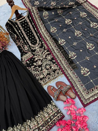 Elegant Black Georgette Rich Embroidery Sharara Suit - BONYHUBSALWAR KAMEEZ