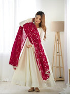 White Vichitra Silk Anarkali Suit With Red Embroidered Dupatta - BONYHUBSALWAR KAMEEZ
