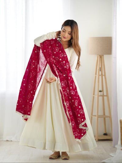 White Vichitra Silk Anarkali Suit With Red Embroidered Dupatta - BONYHUBSALWAR KAMEEZ