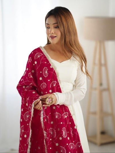 White Vichitra Silk Anarkali Suit With Red Embroidered Dupatta - BONYHUBSALWAR KAMEEZ