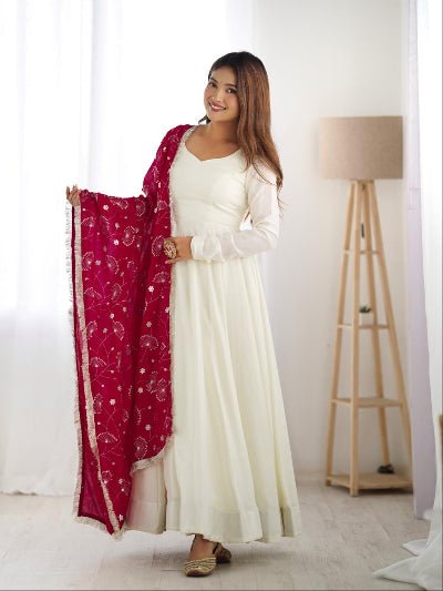 White Vichitra Silk Anarkali Suit With Red Embroidered Dupatta - BONYHUBSALWAR KAMEEZ