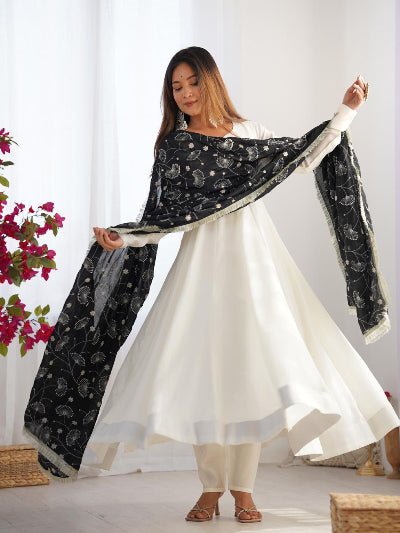 White Vichitra Silk Anarkali Suit With Black Embroidered Dupatta - BONYHUBSALWAR KAMEEZ