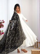 White Vichitra Silk Anarkali Suit With Black Embroidered Dupatta - BONYHUBSALWAR KAMEEZ