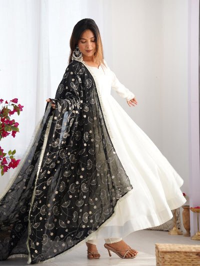 White Vichitra Silk Anarkali Suit With Black Embroidered Dupatta - BONYHUBSALWAR KAMEEZ