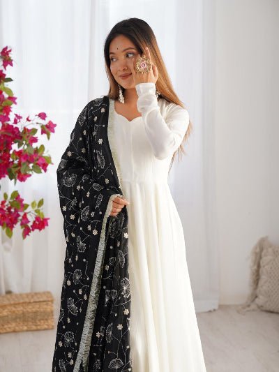 White Vichitra Silk Anarkali Suit With Black Embroidered Dupatta - BONYHUBSALWAR KAMEEZ