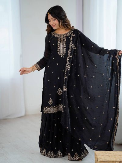 Black Soft Crunchy Silk Embroidered Sharara Palazzo Suit - BONYHUBSALWAR KAMEEZ