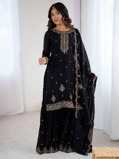 Black Soft Crunchy Silk Embroidered Sharara Palazzo Suit - BONYHUBSALWAR KAMEEZ