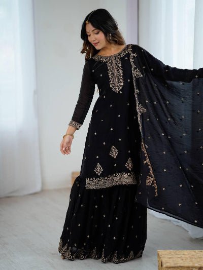 Black Soft Crunchy Silk Embroidered Sharara Palazzo Suit - BONYHUBSALWAR KAMEEZ