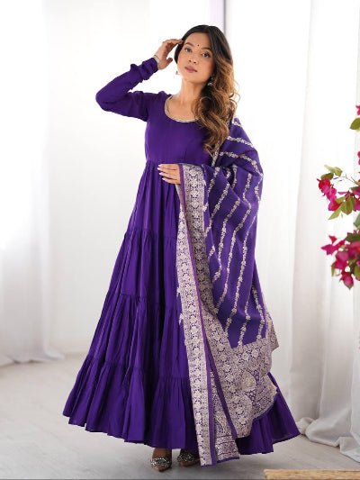 Indigo Roman Silk Layered Anarkali Suit With Banarasi Dupatta - BONYHUBSALWAR KAMEEZ
