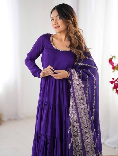 Indigo Roman Silk Layered Anarkali Suit With Banarasi Dupatta - BONYHUBSALWAR KAMEEZ
