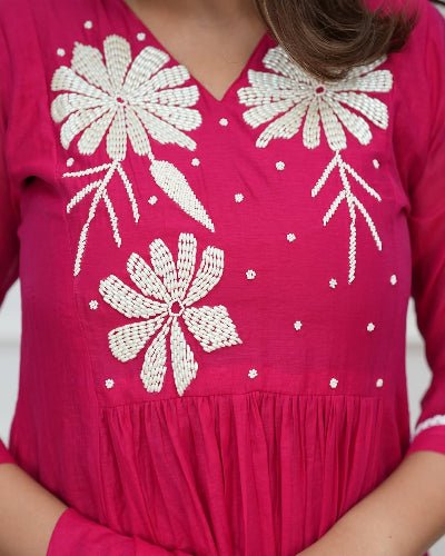 Hot Pink Cotton Handwork Anarkali Suit - BONYHUBSALWAR KAMEEZ