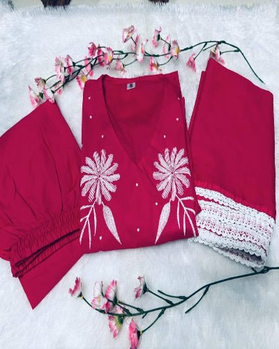 Hot Pink Cotton Handwork Anarkali Suit - BONYHUBSALWAR KAMEEZ