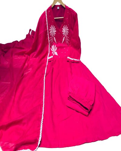 Hot Pink Cotton Handwork Anarkali Suit - BONYHUBSALWAR KAMEEZ