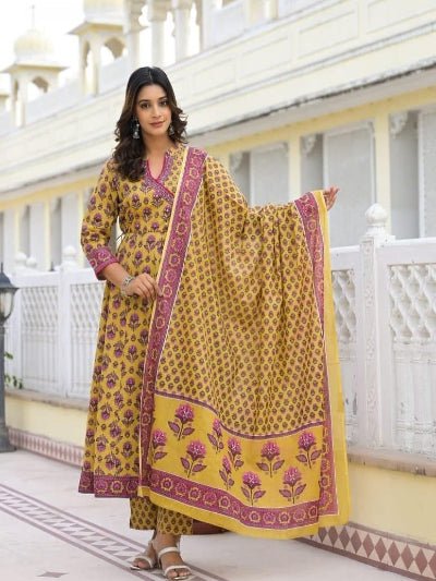 Mustard Yellow Cotton Ghera Anarkali Suit - BONYHUBSALWAR KAMEEZ