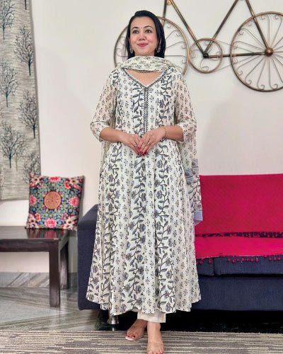 White Printed Cotton 3 Piece Anarkali Suit - BONYHUBSALWAR KAMEEZ
