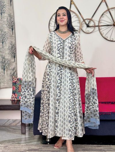 White Printed Cotton 3 Piece Anarkali Suit - BONYHUBSALWAR KAMEEZ