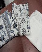 White Printed Cotton 3 Piece Anarkali Suit - BONYHUBSALWAR KAMEEZ