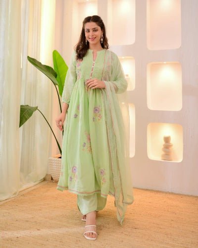 Pastel Green Cotton Embroidery Anarkali Suit - BONYHUBSALWAR KAMEEZ