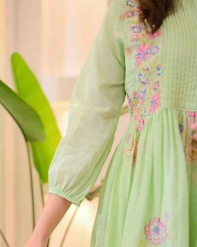 Pastel Green Cotton Embroidery Anarkali Suit - BONYHUBSALWAR KAMEEZ