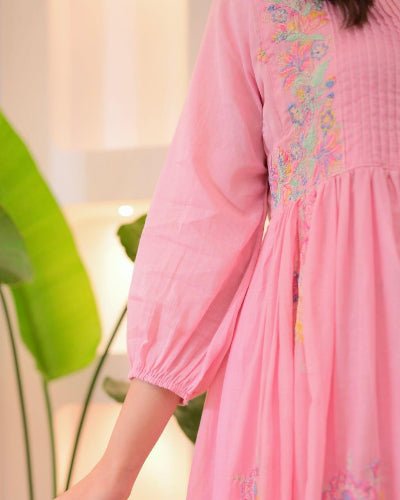 Pastel Pink Cotton Embroidery Anarkali Suit - BONYHUBSALWAR KAMEEZ