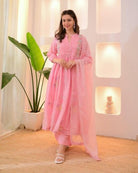 Pastel Pink Cotton Embroidery Anarkali Suit - BONYHUBSALWAR KAMEEZ