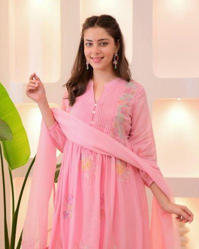 Pastel Pink Cotton Embroidery Anarkali Suit - BONYHUBSALWAR KAMEEZ