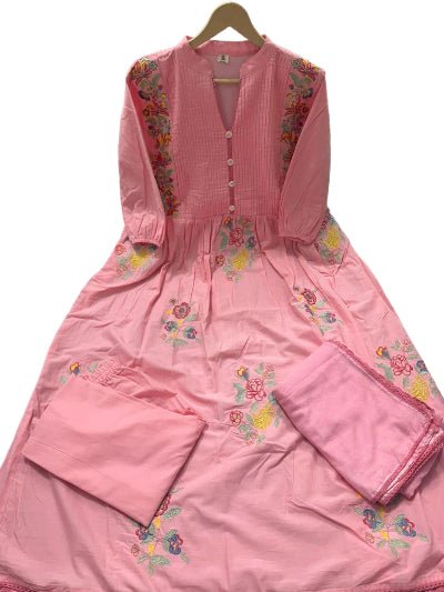 Pastel Pink Cotton Embroidery Anarkali Suit - BONYHUBSALWAR KAMEEZ