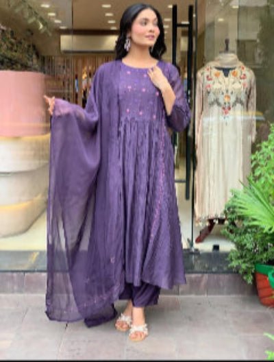 Purple Mal Cotton Embroidery 3 Piece Suit - BONYHUBSALWAR KAMEEZ