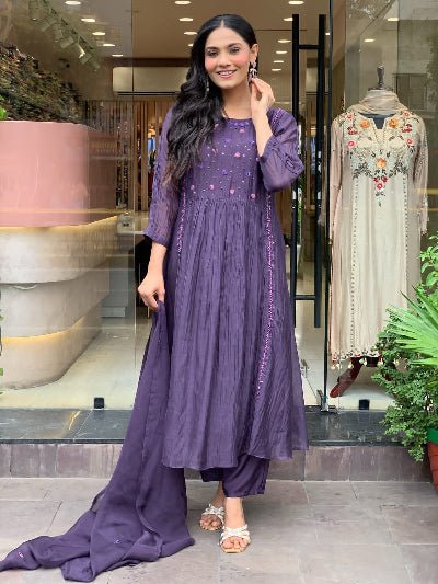 Purple Mal Cotton Embroidery 3 Piece Suit - BONYHUBSALWAR KAMEEZ